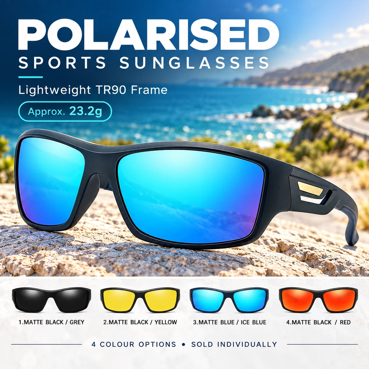 Men’s Polarised Sports Sunglasses TR90 Lightweight Wrap Around Cycling Fishing