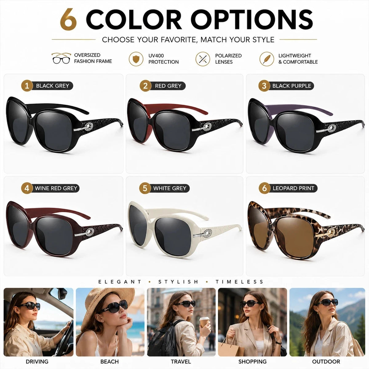 Women Oversized Polarized Sunglasses UV400 Fashion Driving Beach Travel Eyewear