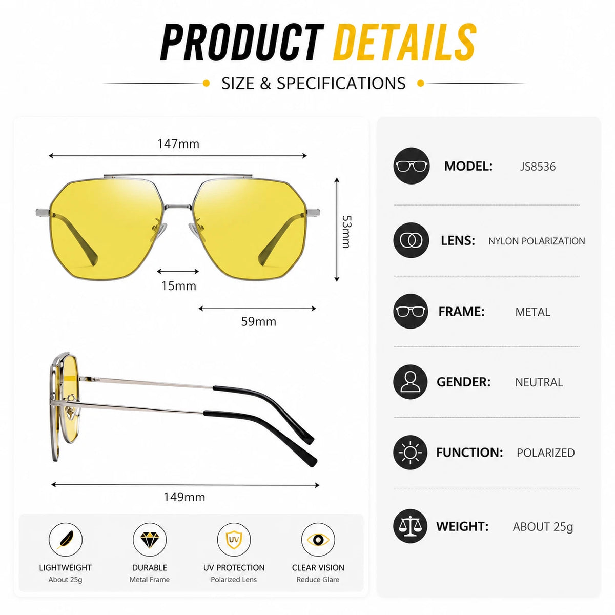 Men's Night Vision Anti-Glare UV400 Sunglasses Photochromic Yellow Lens Driving #JS8536