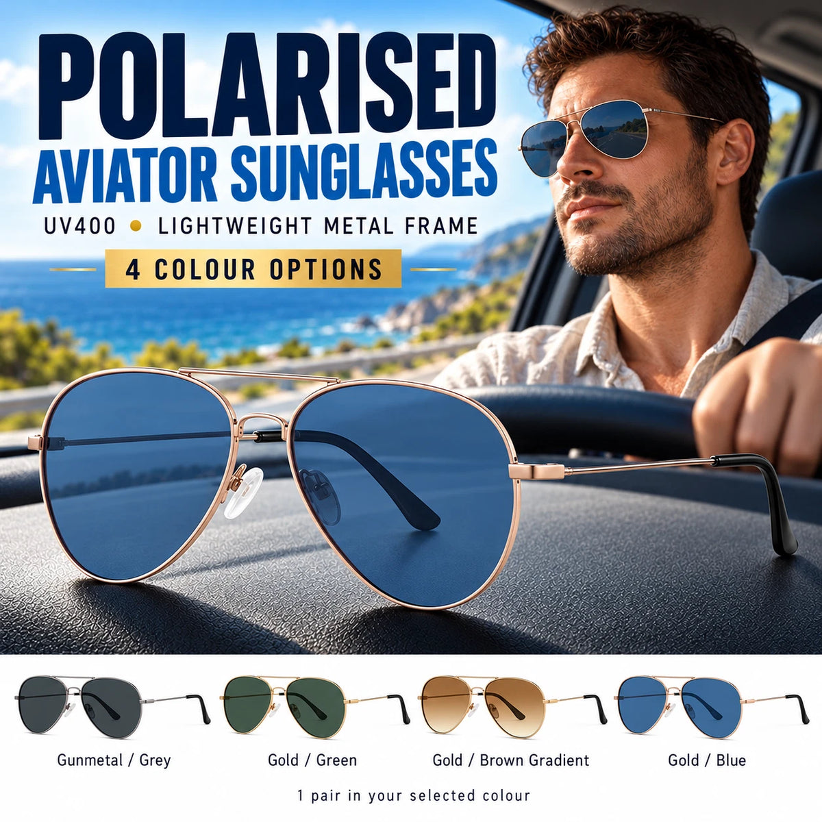 Mens Polarised Aviator Sunglasses UV400 Lightweight Metal Frame Pilot Outdoor