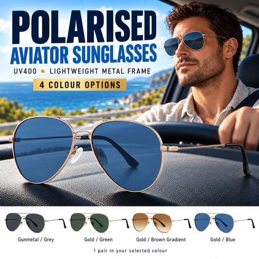 Mens Polarised Aviator Sunglasses UV400 Lightweight Metal Frame Pilot Outdoor