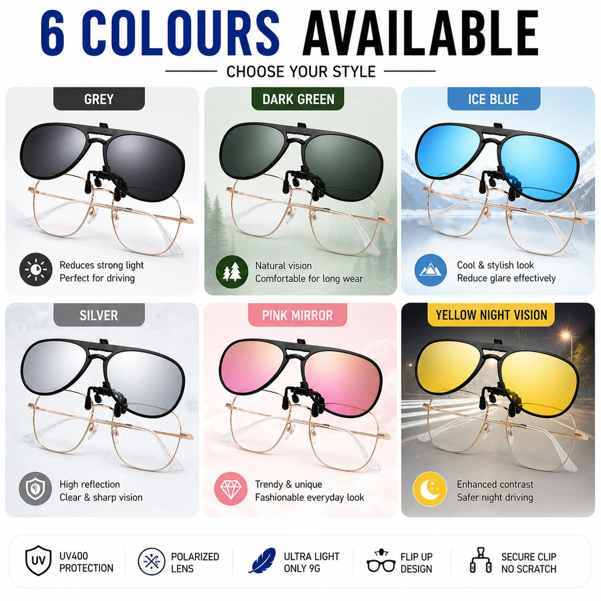 Polarized Clip On Flip Up Sunglasses UV400 Aviator Driving Fishing Eyewear Lense