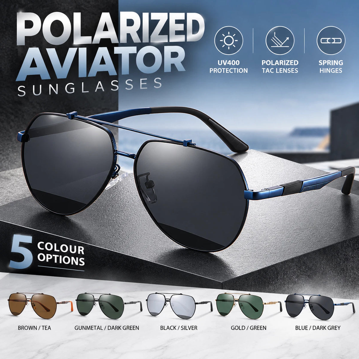 Mens Polarized Aviator Sunglasses UV400 Metal Frame Spring Hinge Drivi ...