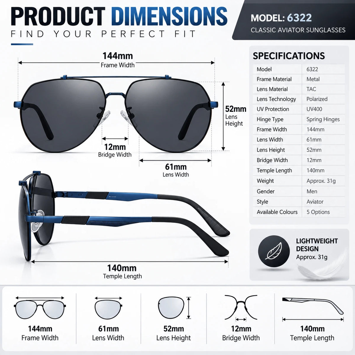 Mens Polarized Aviator Sunglasses UV400 Metal Frame Spring Hinge Driving Shades #6322
