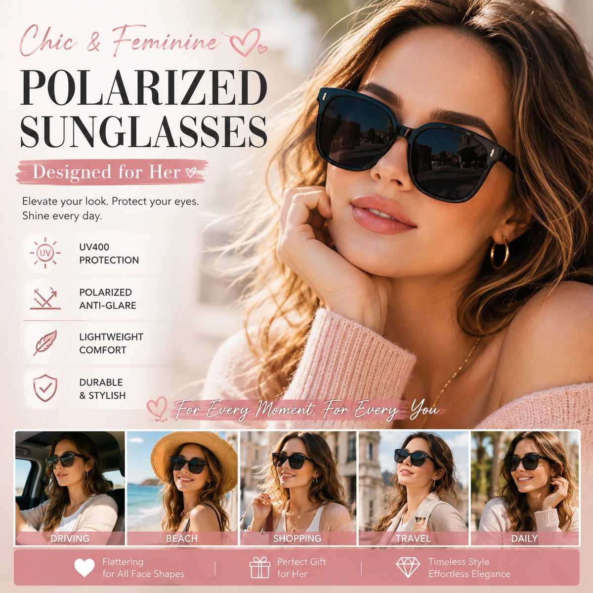 Women Stylish Outdoor Polarized Square Sunglasses UV400 Lightweight & Anti-Glare