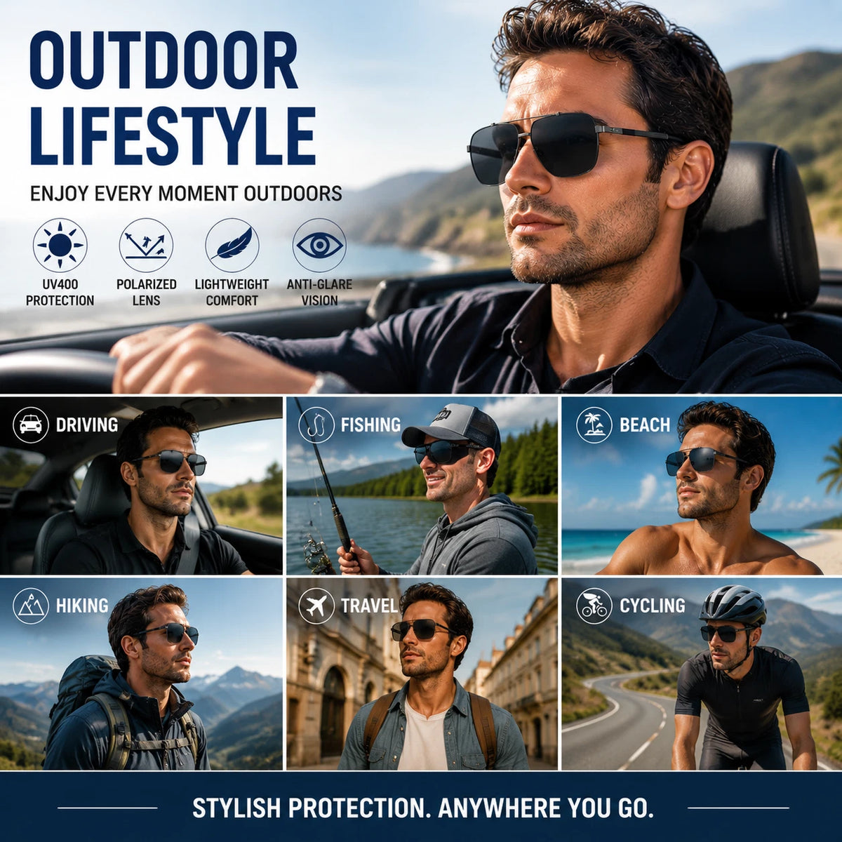 Men Polarized Sunglasses UV400 Anti-Glare Square Driving Fishing Outdoor Eyewear