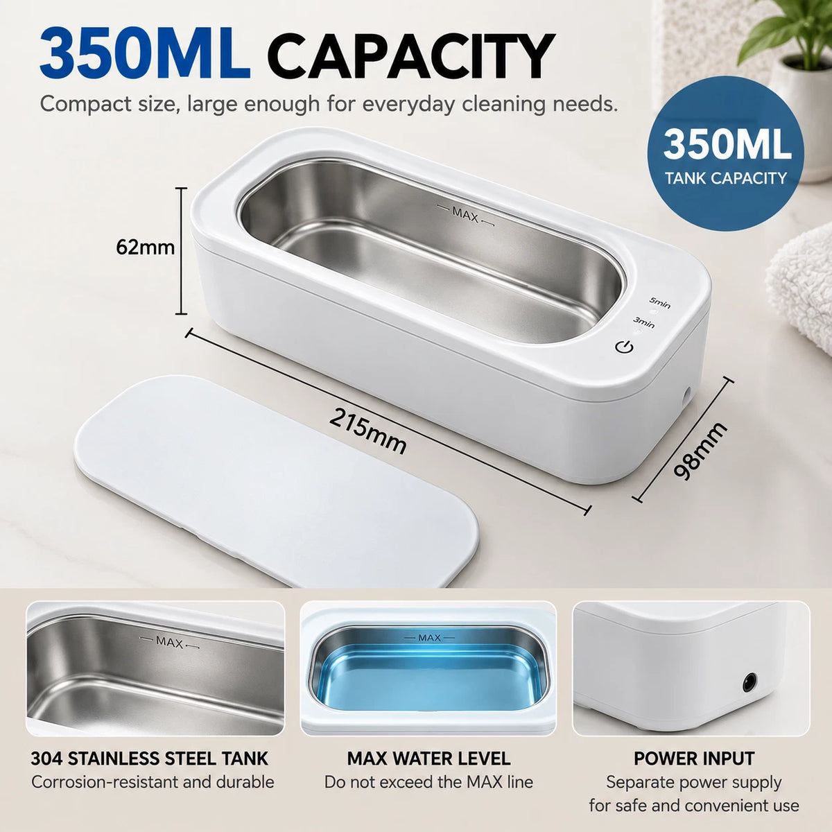 47KHz Ultrasonic Cleaner 350ml Jewellery Glasses Watch Stainless Steel Tank