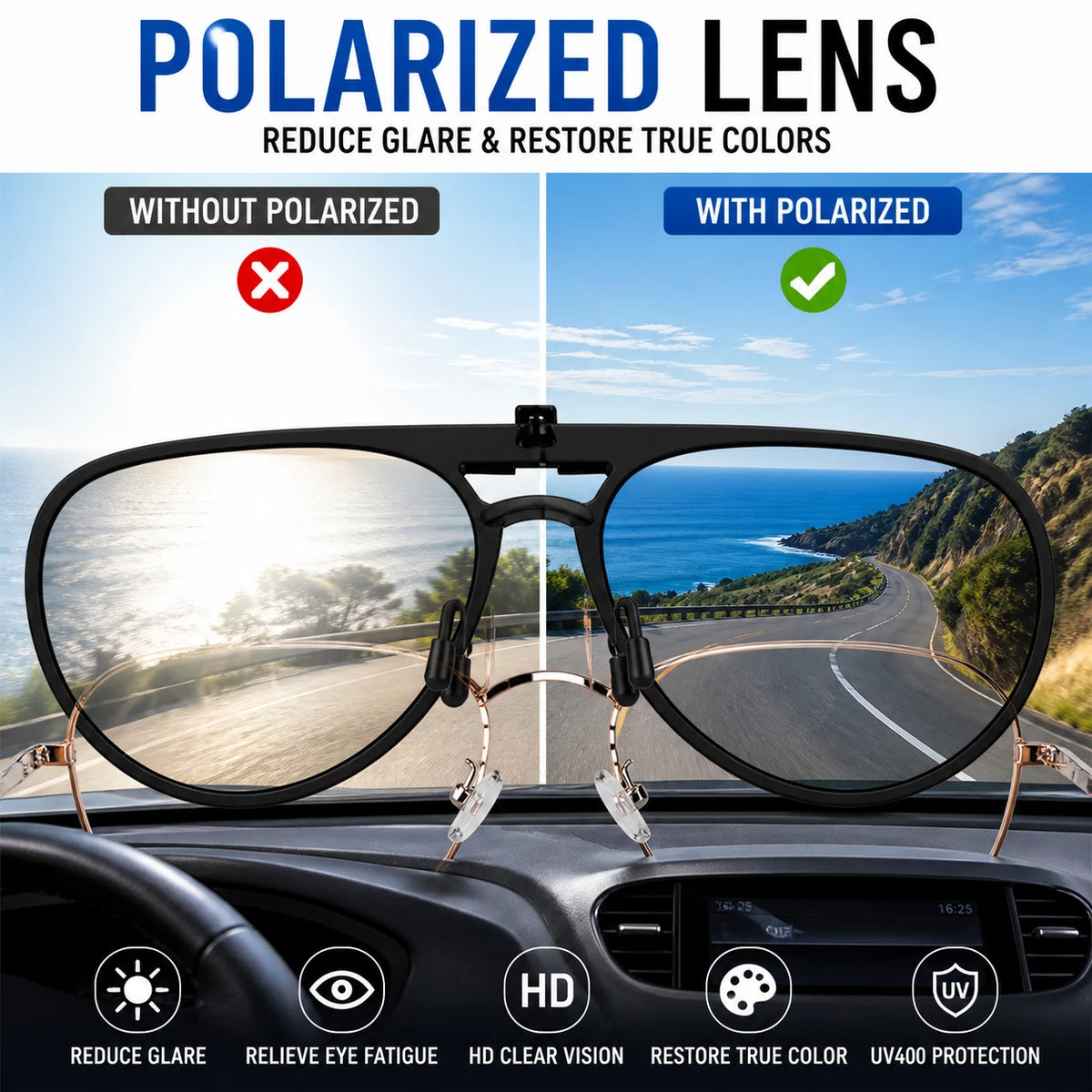 Polarized Clip On Flip Up Sunglasses UV400 Aviator Driving Fishing Eyewear Lense