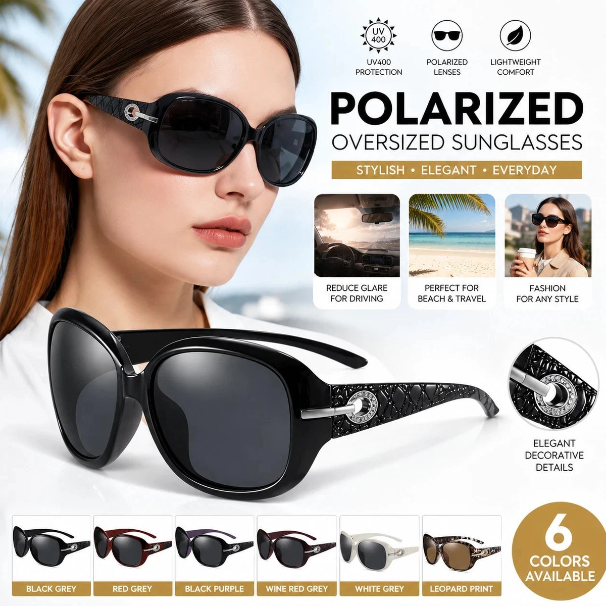 Women Oversized Polarized Sunglasses UV400 Fashion Driving Beach Travel Eyewear
