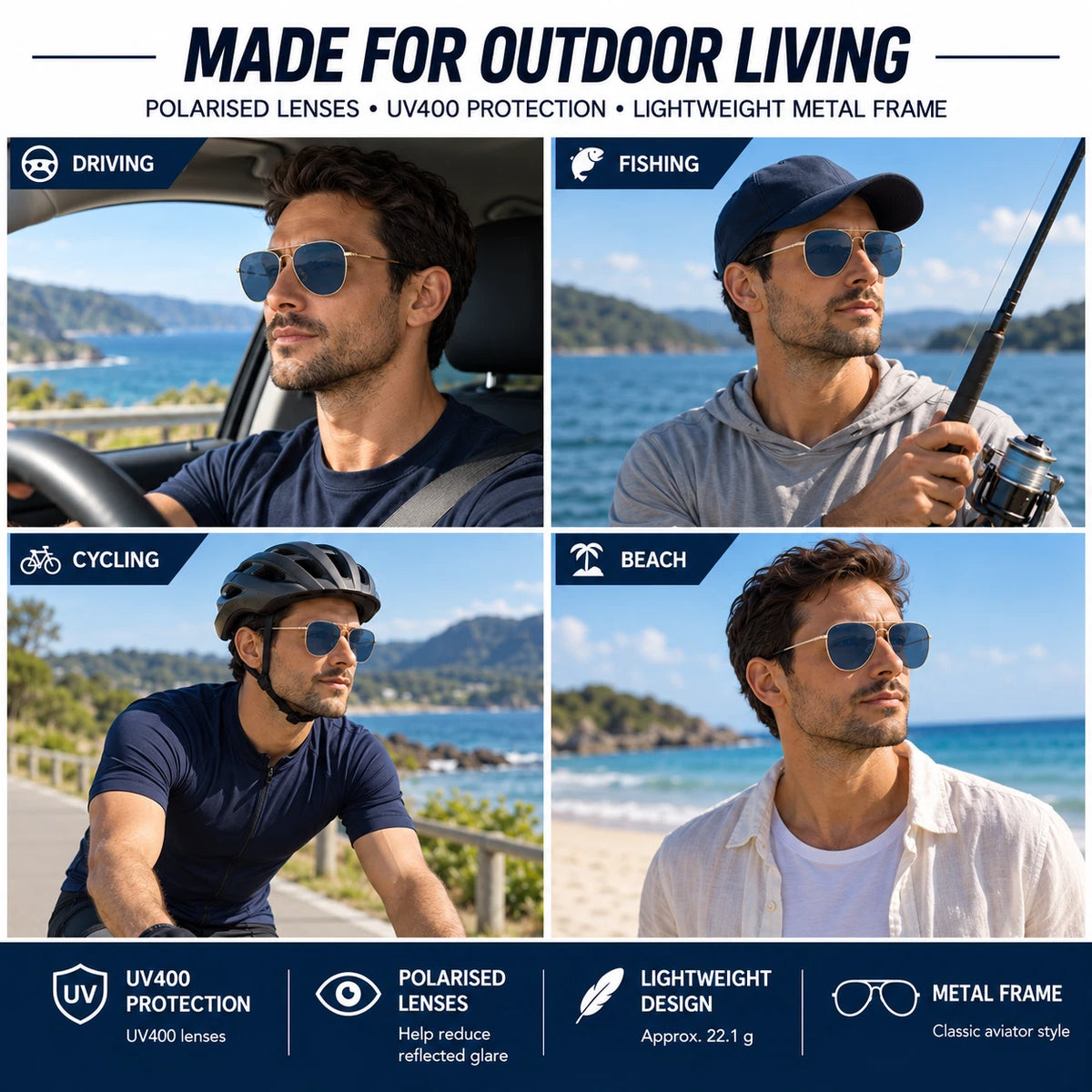 Mens Polarised Aviator Sunglasses UV400 Lightweight Metal Frame Pilot Outdoor