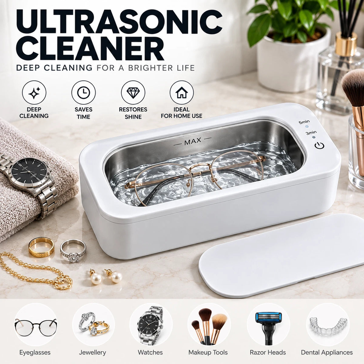 47KHz Ultrasonic Cleaner 350ml Jewellery Glasses Watch Stainless Steel Tank
