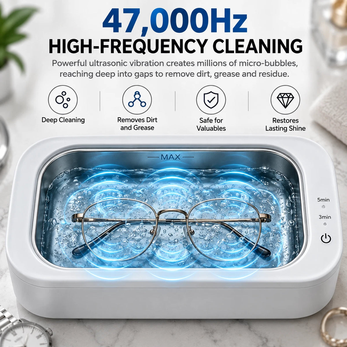 47KHz Ultrasonic Cleaner 350ml Jewellery Glasses Watch Stainless Steel Tank