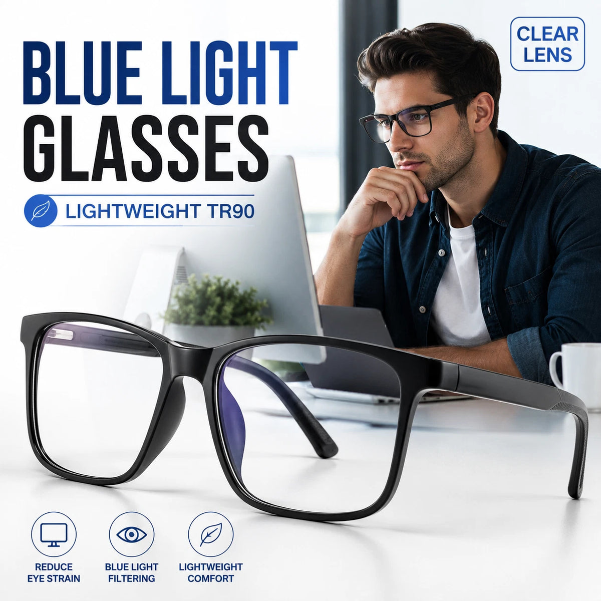 Share Blue Light Blocking Glasses Men Women TR90 Square Computer Clear Lens Eyewear #6919
