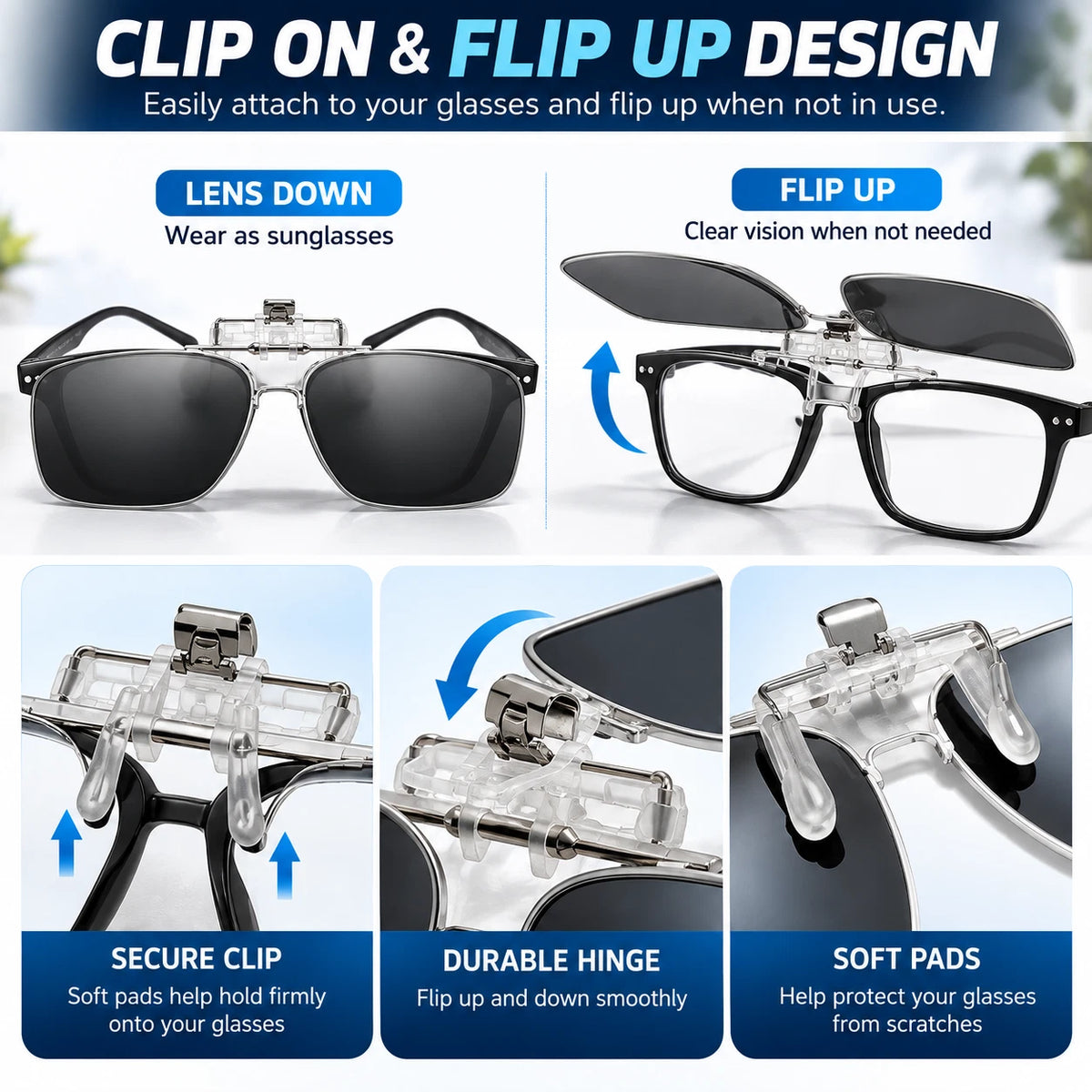 Polarized Clip On Flip Up Sunglasses UV400 Driving Fishing Prescription Solution