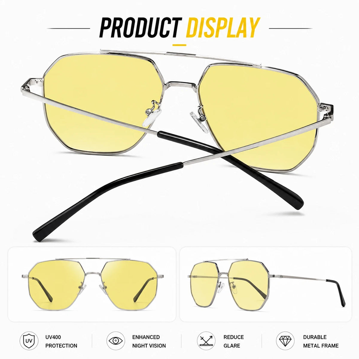 Men's Night Vision Anti-Glare UV400 Sunglasses Photochromic Yellow Lens Driving #JS8536