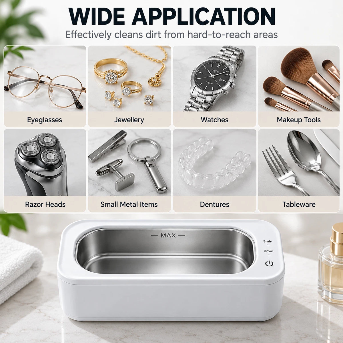 47KHz Ultrasonic Cleaner 350ml Jewellery Glasses Watch Stainless Steel Tank