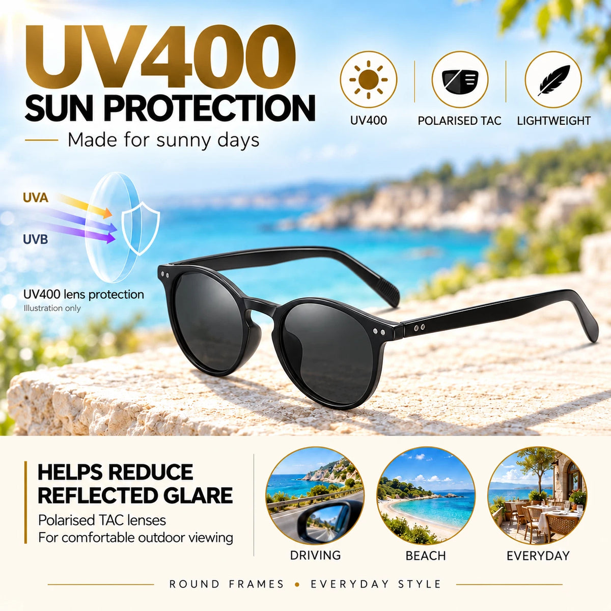 Womens Polarised Sunglasses Round UV400 Lightweight Retro Frame Beach Anti Glare