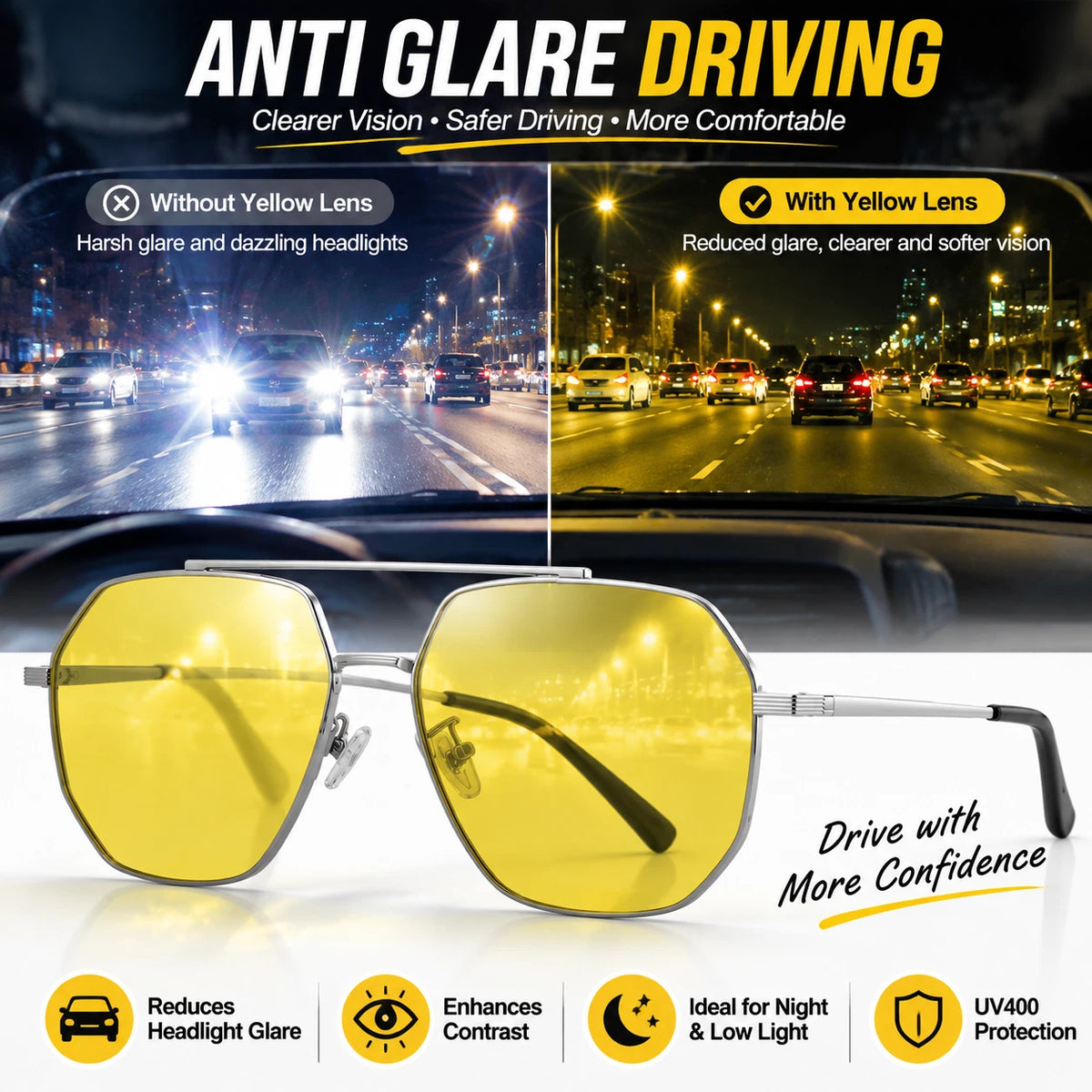 Men's Night Vision Anti-Glare UV400 Sunglasses Photochromic Yellow Lens Driving #JS8536