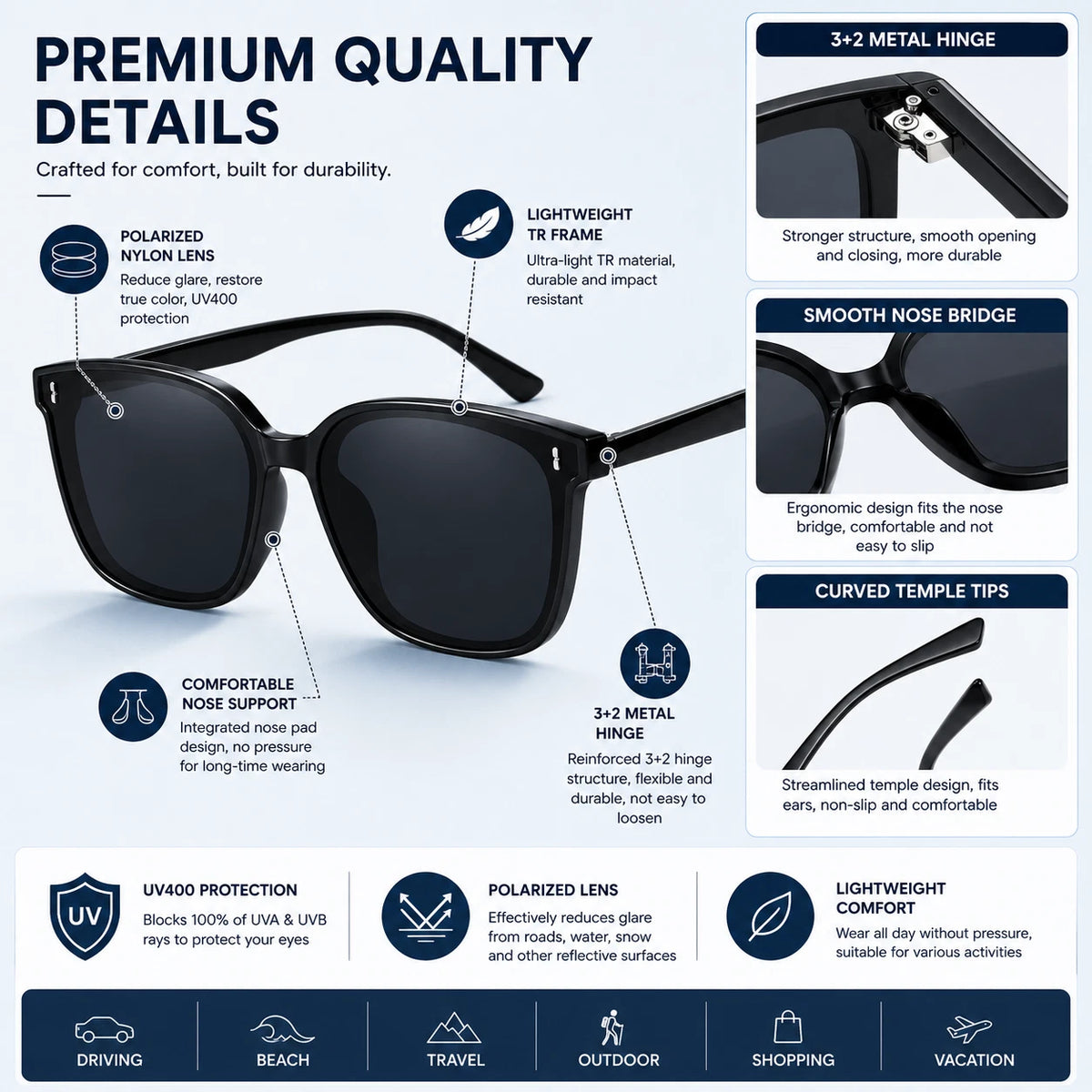 Women Stylish Outdoor Polarized Square Sunglasses UV400 Lightweight & Anti-Glare