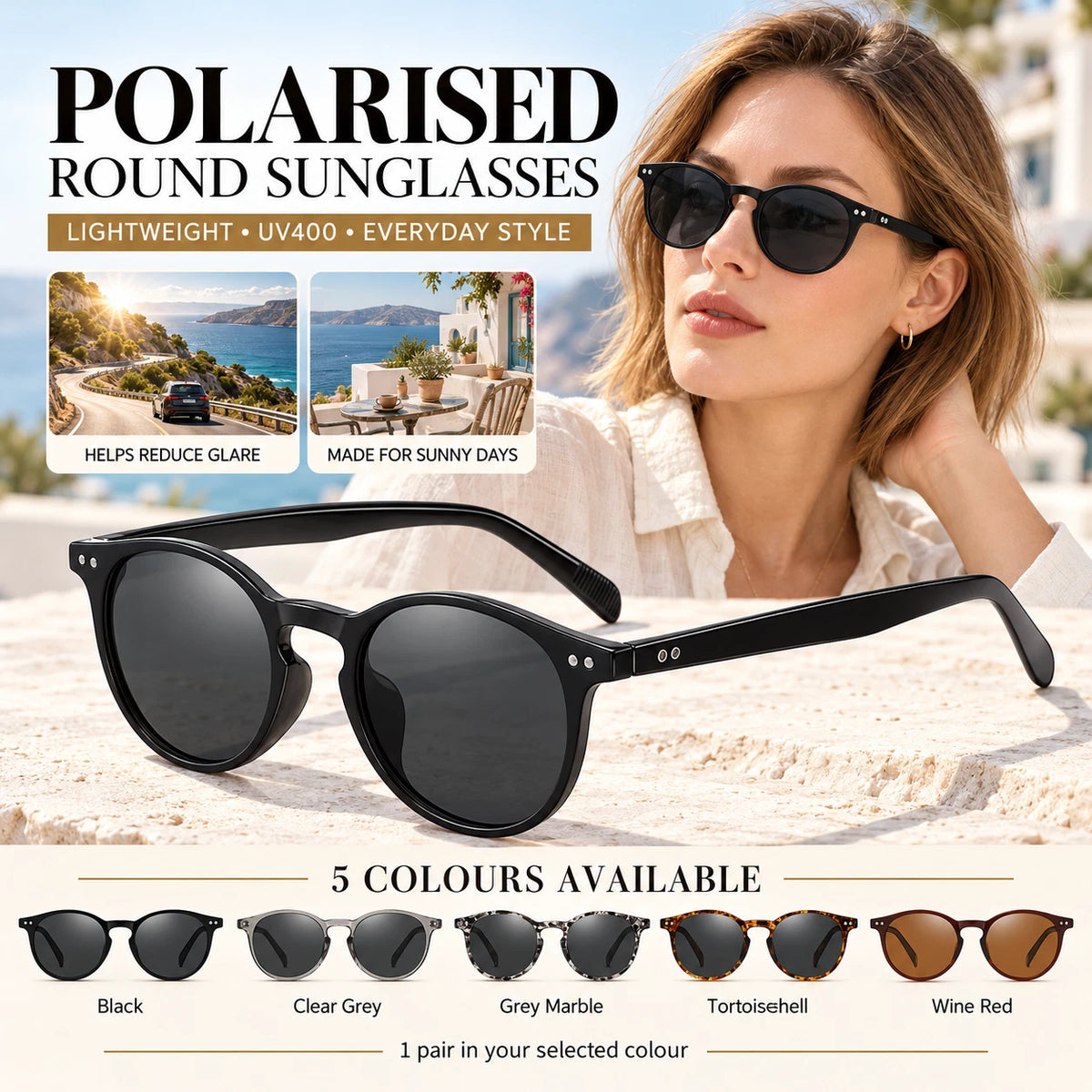 Womens Polarised Sunglasses Round UV400 Lightweight Retro Frame Beach Anti Glare