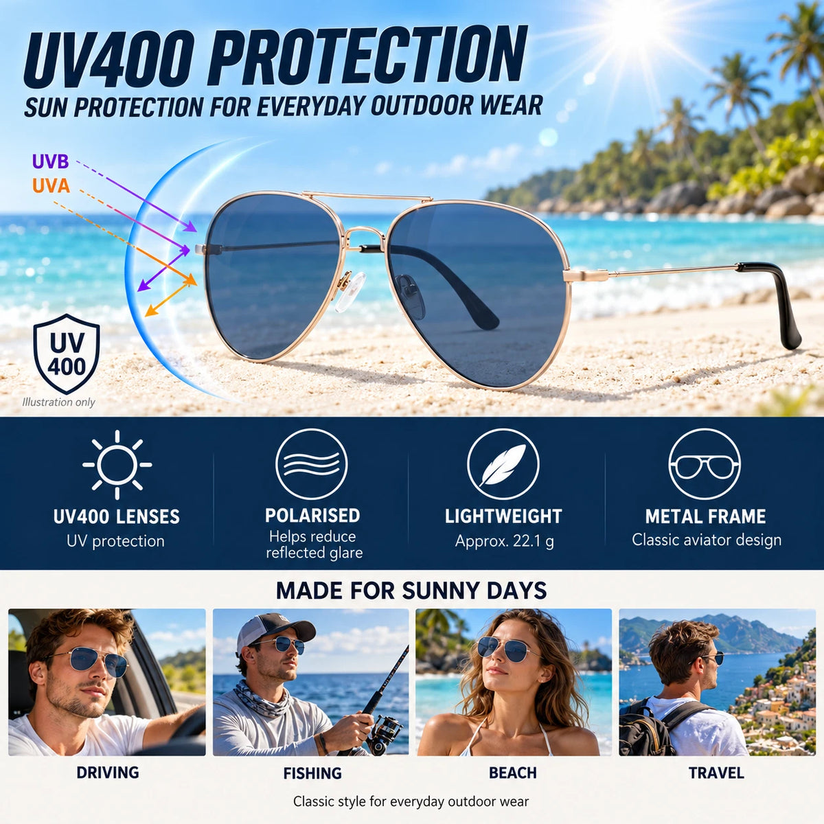 Mens Polarised Aviator Sunglasses UV400 Lightweight Metal Frame Pilot Outdoor