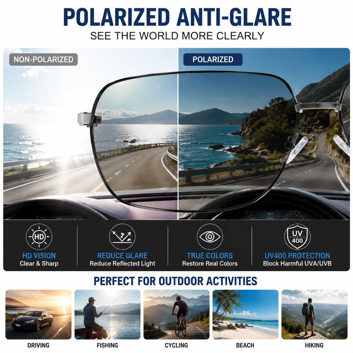 Men Polarized Sunglasses UV400 Anti-Glare Square Driving Fishing Outdoor Eyewear
