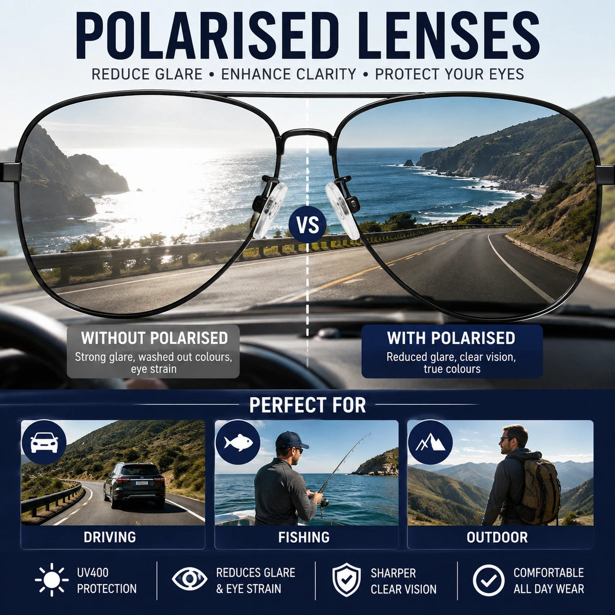 Men's Polarized Aviator Sunglasses Spring Hinge UV400 Anti-Glare Driving Outdoor #6306