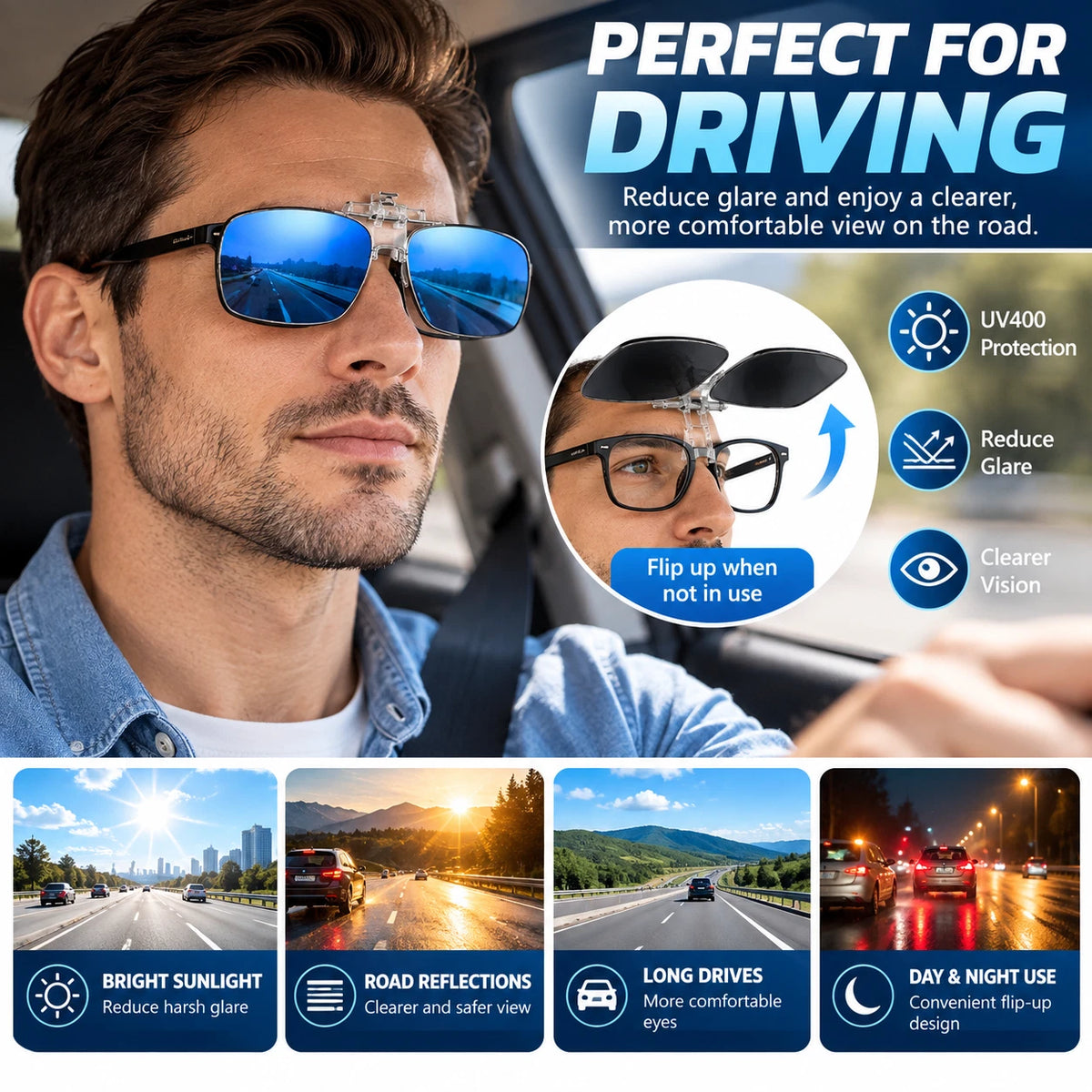 Polarized Clip On Flip Up Sunglasses UV400 Driving Fishing Prescription Solution
