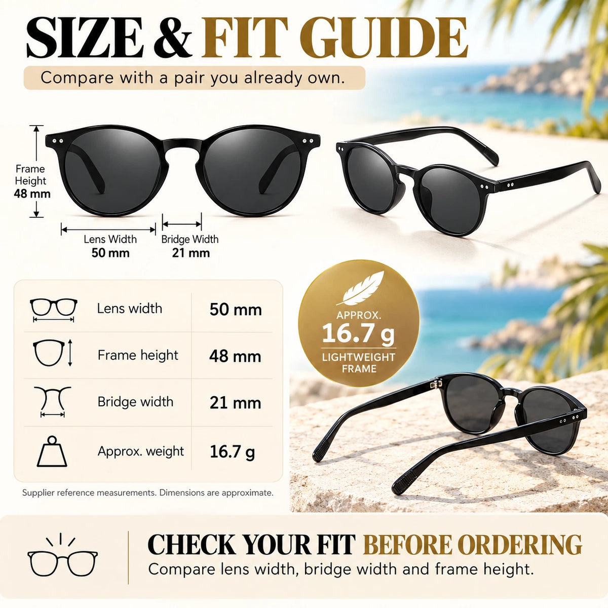Womens Polarised Sunglasses Round UV400 Lightweight Retro Frame Beach Anti Glare