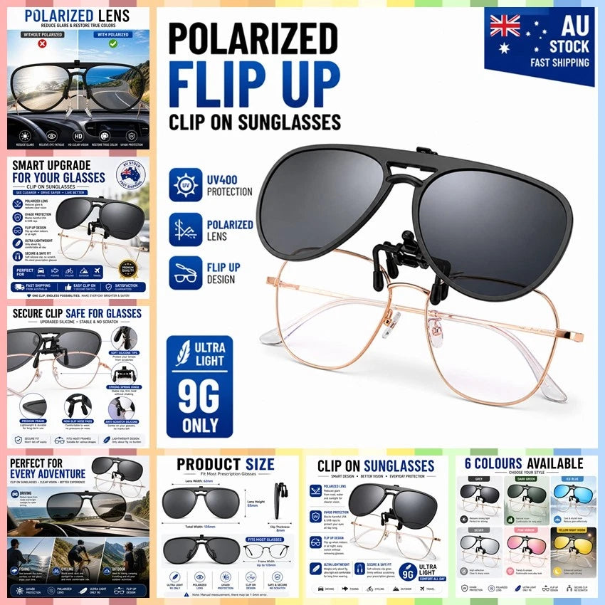 Polarized Clip On Flip Up Sunglasses UV400 Aviator Driving Fishing Eyewear Lense