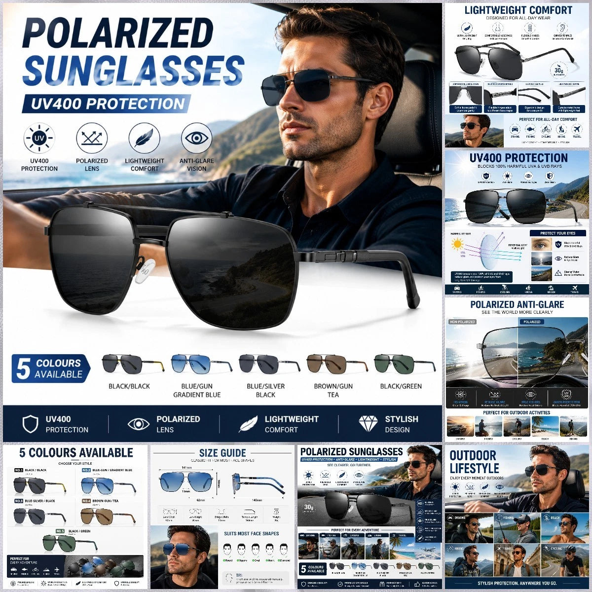 Men Polarized Sunglasses UV400 Anti-Glare Square Driving Fishing Outdoor Eyewear