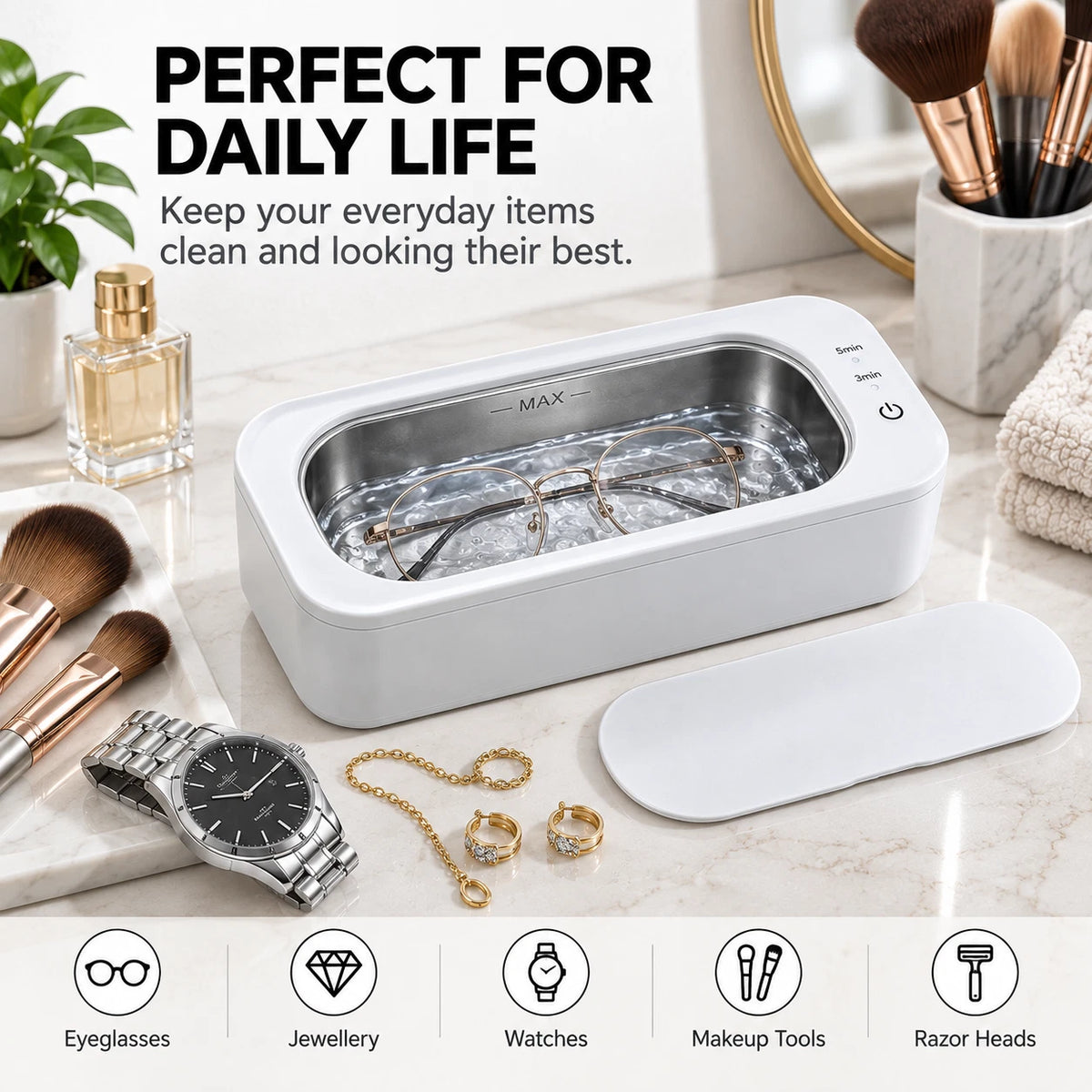 47KHz Ultrasonic Cleaner 350ml Jewellery Glasses Watch Stainless Steel Tank