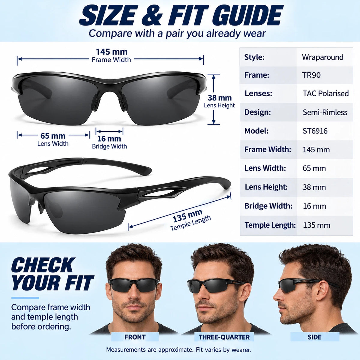 Men's Polarised Sports Sunglasses TR90 UV400 Wrap Around Cycling Running Driving