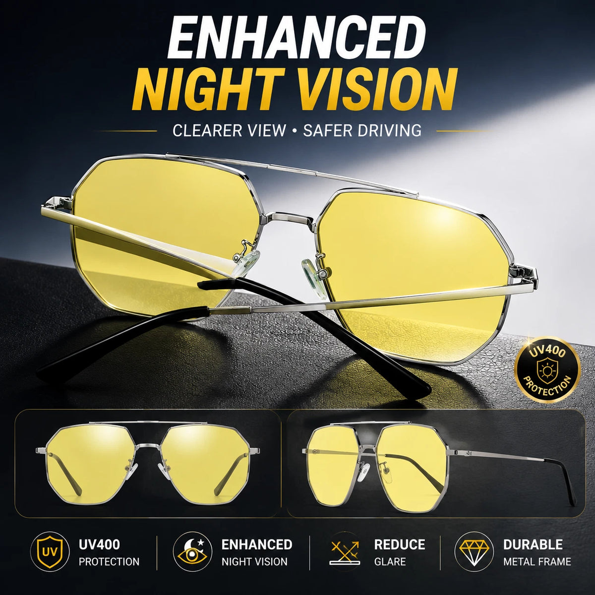 Men's Night Vision Anti-Glare UV400 Sunglasses Photochromic Yellow Lens Driving #JS8536