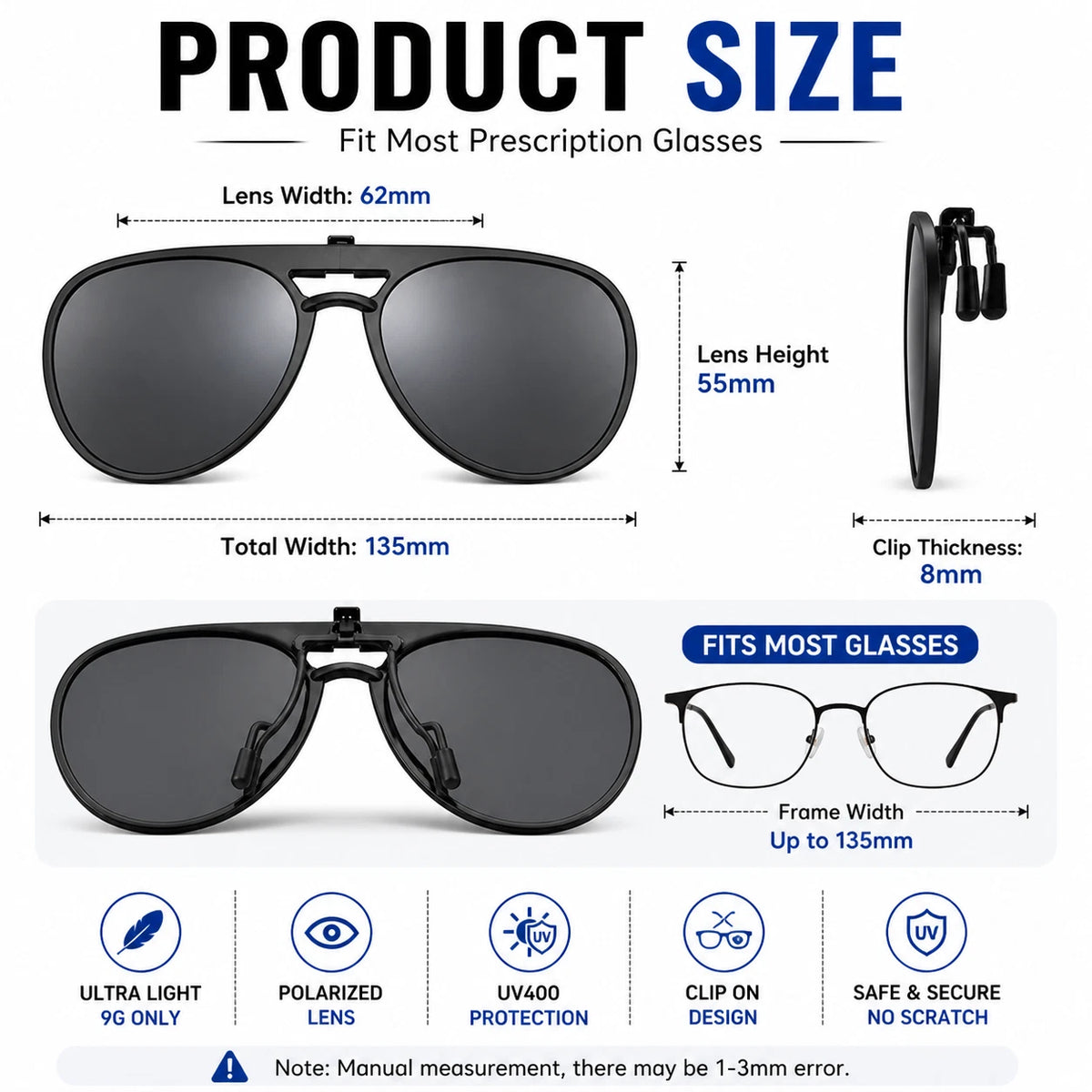 Polarized Clip On Flip Up Sunglasses UV400 Aviator Driving Fishing Eyewear Lense