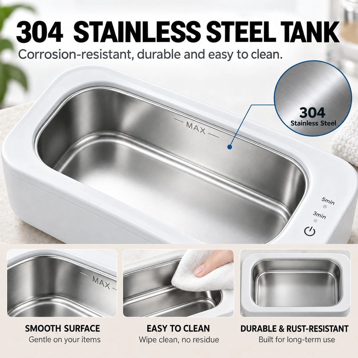 47KHz Ultrasonic Cleaner 350ml Jewellery Glasses Watch Stainless Steel Tank
