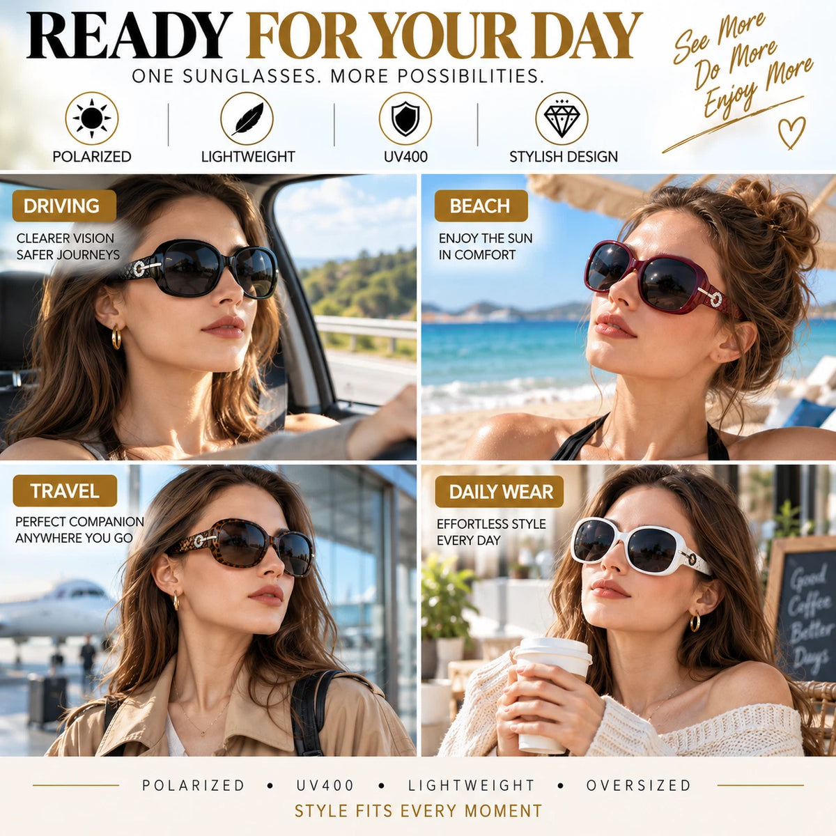 Women Oversized Polarized Sunglasses UV400 Fashion Driving Beach Travel Eyewear