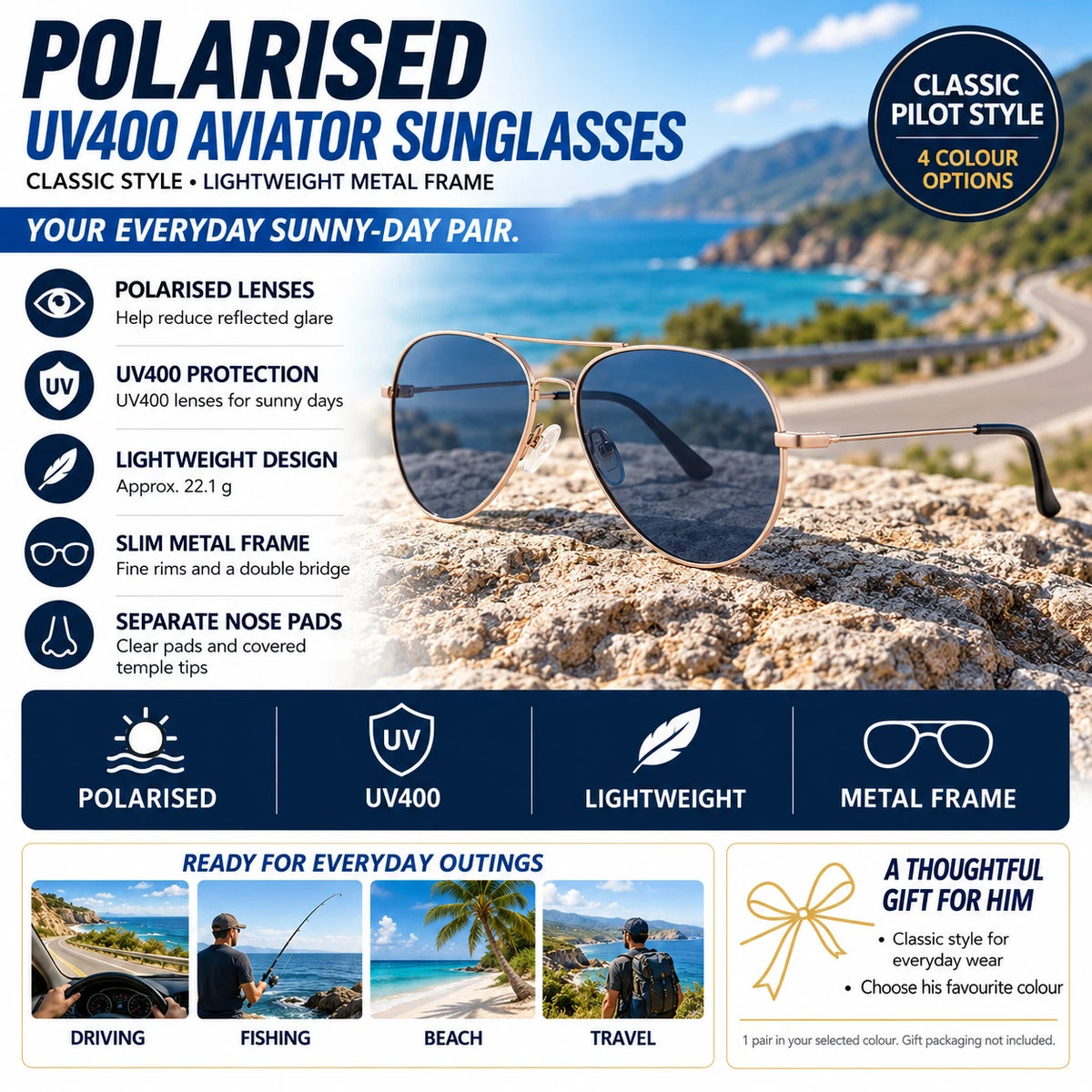 Mens Polarised Aviator Sunglasses UV400 Lightweight Metal Frame Pilot Outdoor