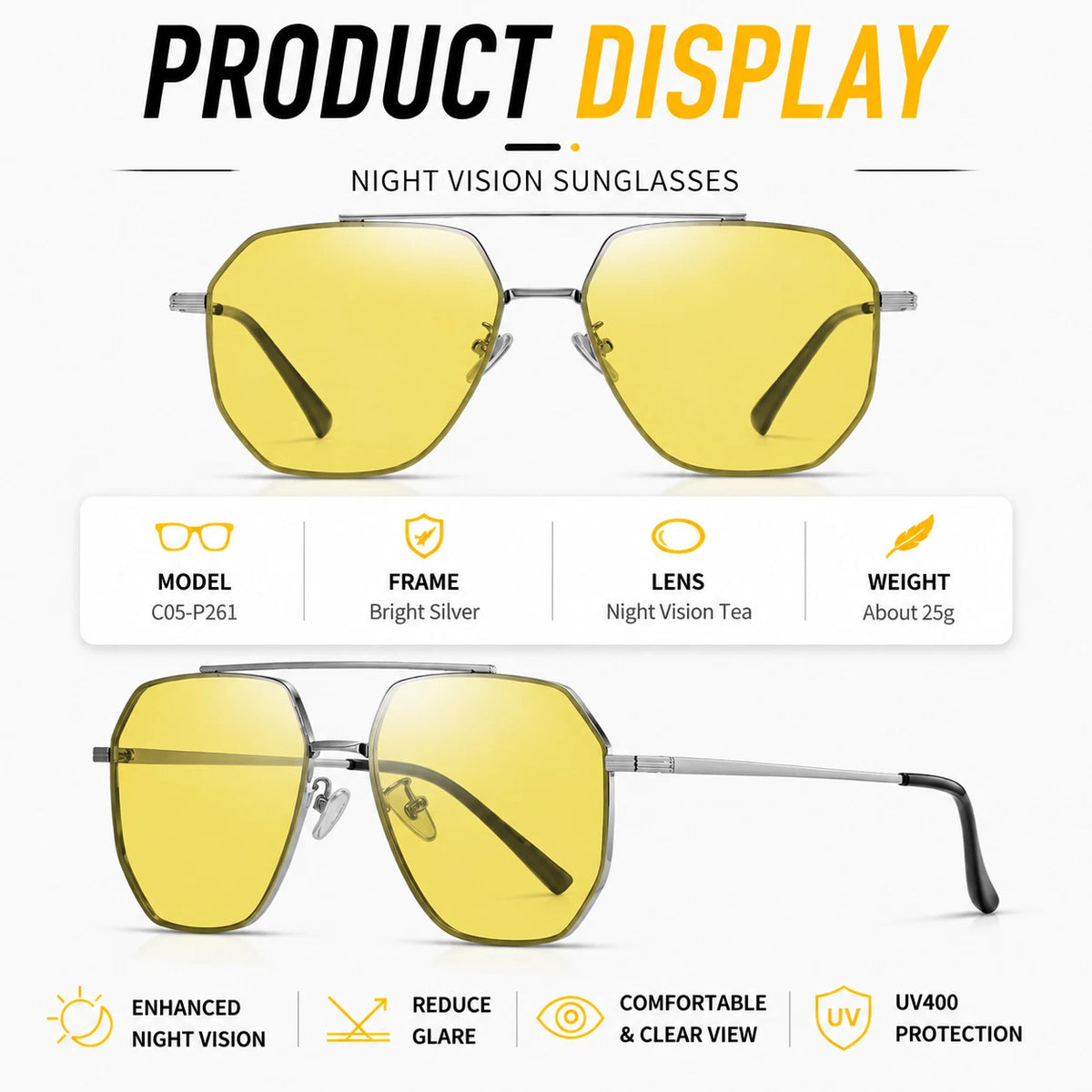 Men's Night Vision Anti-Glare UV400 Sunglasses Photochromic Yellow Lens Driving #JS8536