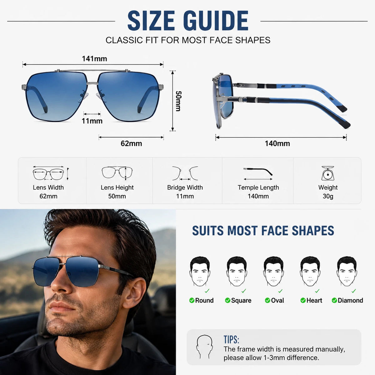 Men Polarized Sunglasses UV400 Anti-Glare Square Driving Fishing Outdoor Eyewear