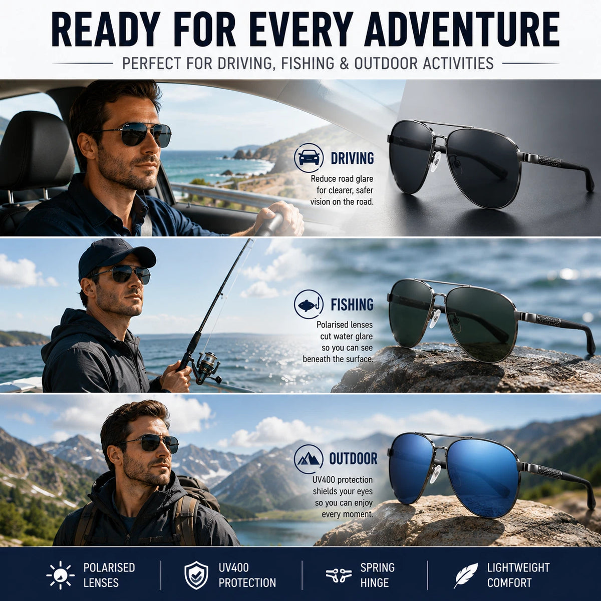 Men's Polarized Aviator Sunglasses Spring Hinge UV400 Anti-Glare Driving Outdoor #6306