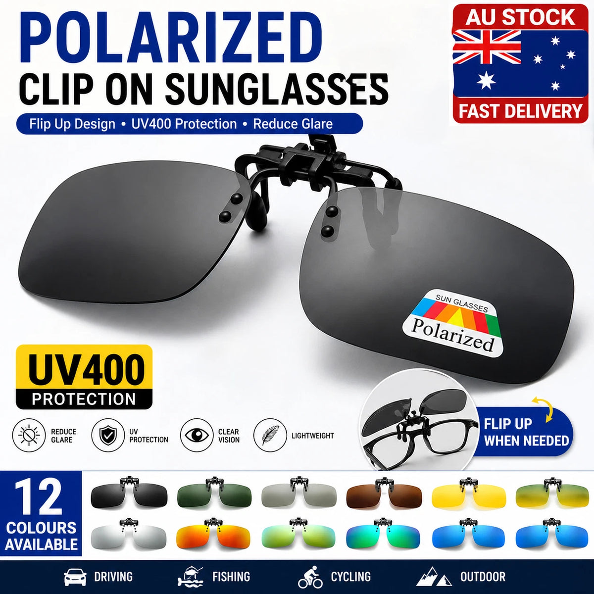 Polarized Clip-On Flip Up Sunglasses UV400 Driving Fishing Glasses 12 Colours AU