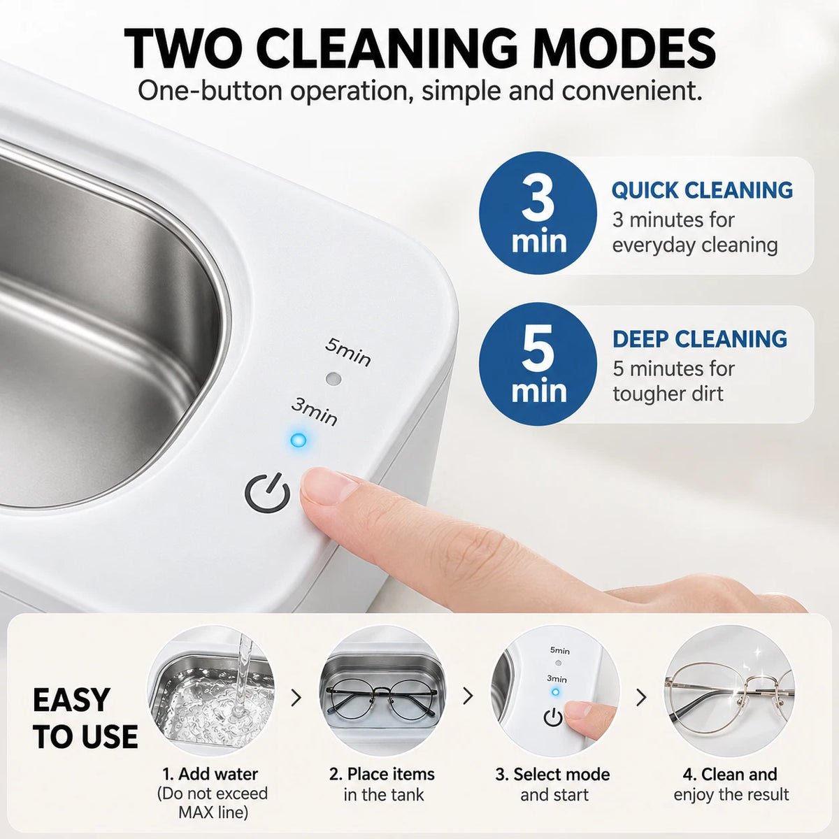 47KHz Ultrasonic Cleaner 350ml Jewellery Glasses Watch Stainless Steel Tank