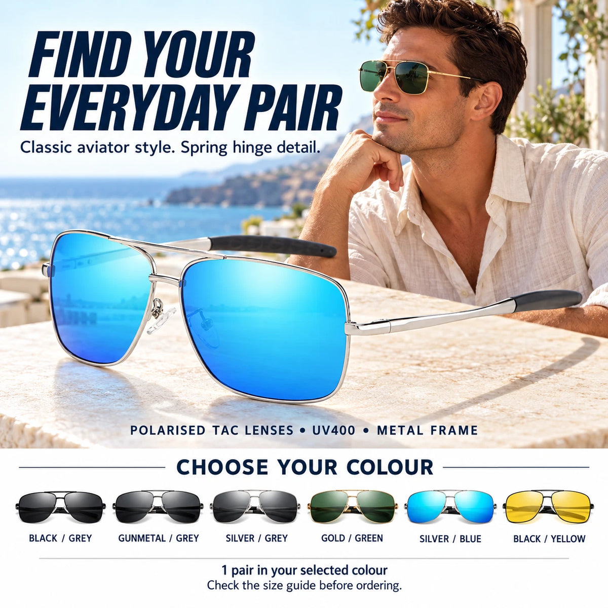 Men Polarised Aviator Sunglasses Spring Hinge UV400 Driving Fishing Metal Frame