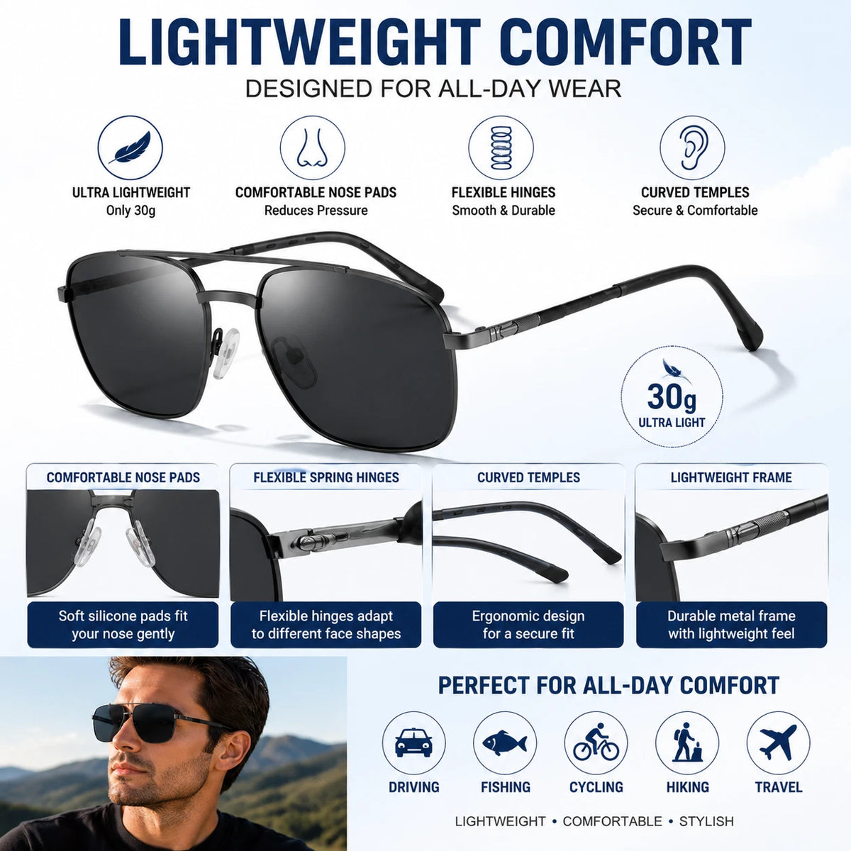 Men Polarized Sunglasses UV400 Anti-Glare Square Driving Fishing Outdoor Eyewear