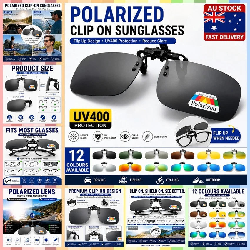 Polarized Clip-On Flip Up Sunglasses UV400 Driving Fishing Glasses 12 Colours AU