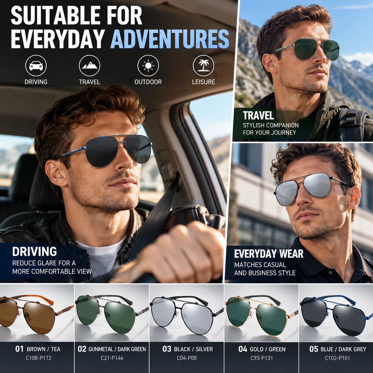 Mens Polarized Aviator Sunglasses UV400 Metal Frame Spring Hinge Driving Shades #6322